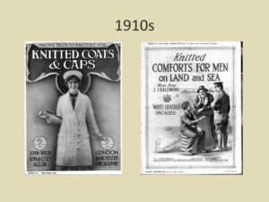 Two pattern leaflets from the 1910s, one for Knitted coats and caps with a lady wearing the same, and one Knitted Comforts for Men on Land and Sea with a sailr, soldier and a fisherman talking around a quayside bollard.
