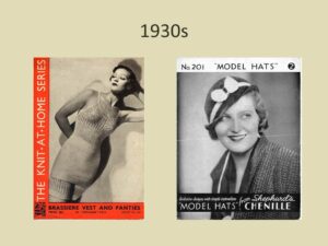 Two knitting patterns from the 193os. One showing a lady wearing a knitted all-in-one undergarment and the other wearing a knitted hat withsa bow
