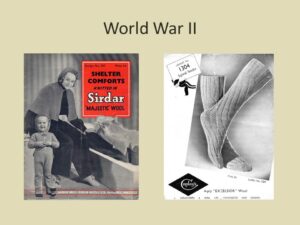 Two world war II knitting leaflets. One showing a mother and child in a cape with hood and a hooded all-in-one respectively, and the other a pair of socks with spiralling rib.