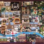 Knitted representation of Leeds. Knitted landmarks are placed in their approximate positions in the city.