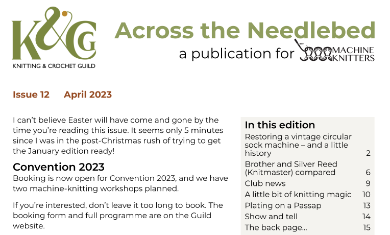 Part of front page of Across the Needlebed 12 (April 2023) with table of contents