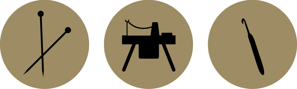 Graphics representing hand knitting, machine knitting and crochet