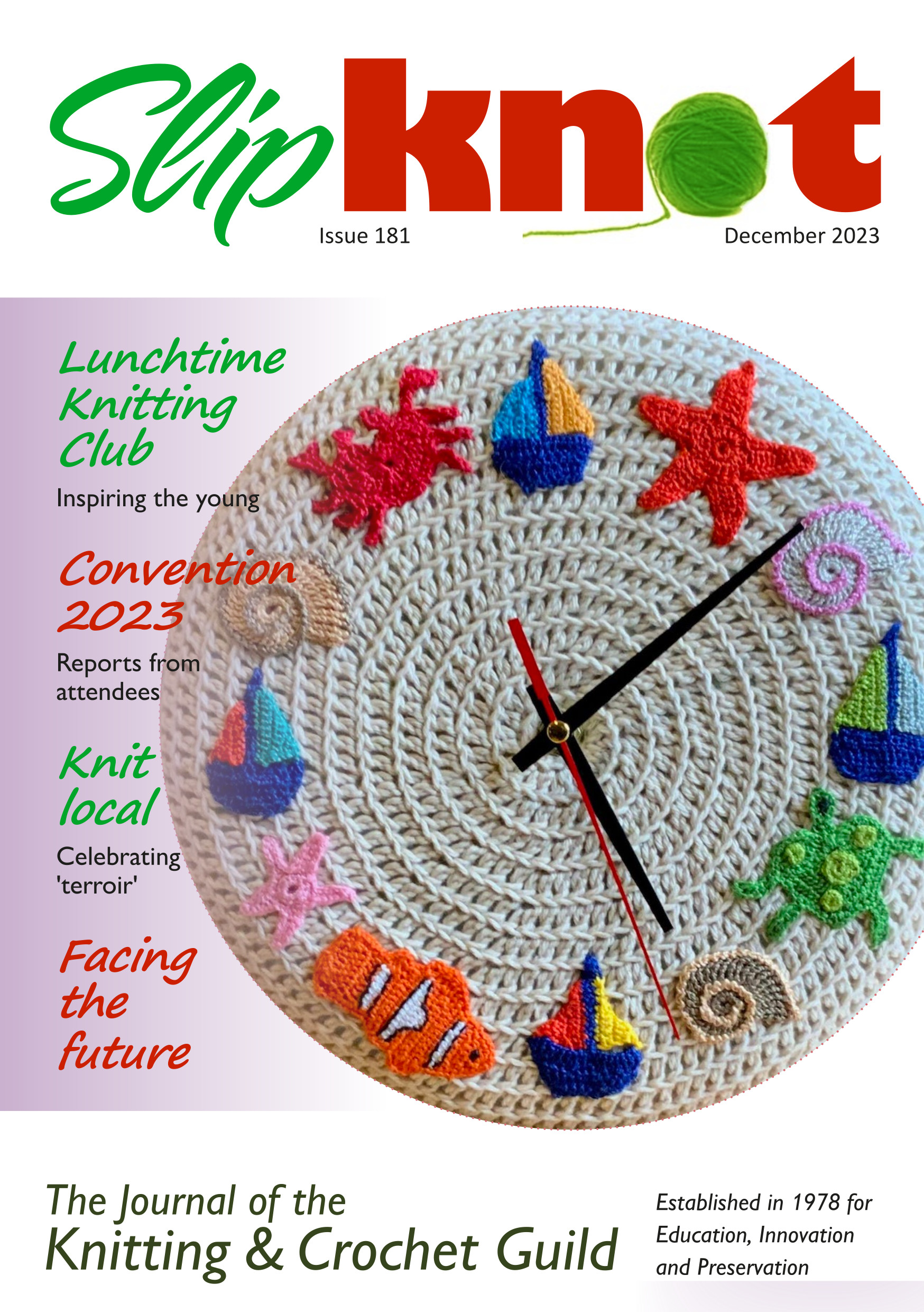 Cover of Slipknot 181, December 2023, featuring crochet'd clock with colourful maritime motifs where the numbers would be.