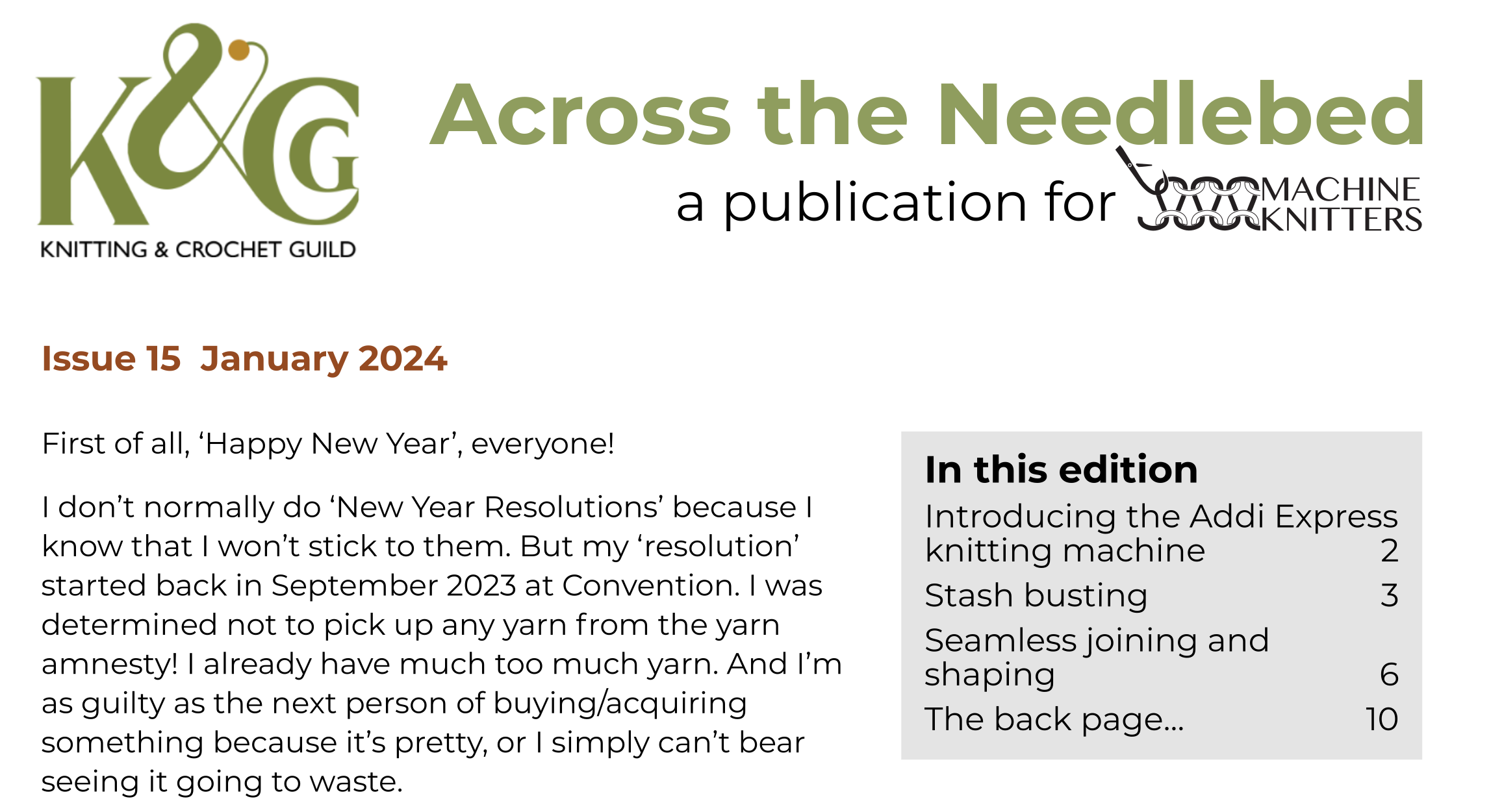Across the Needlebed - Issue 15 - top of front page