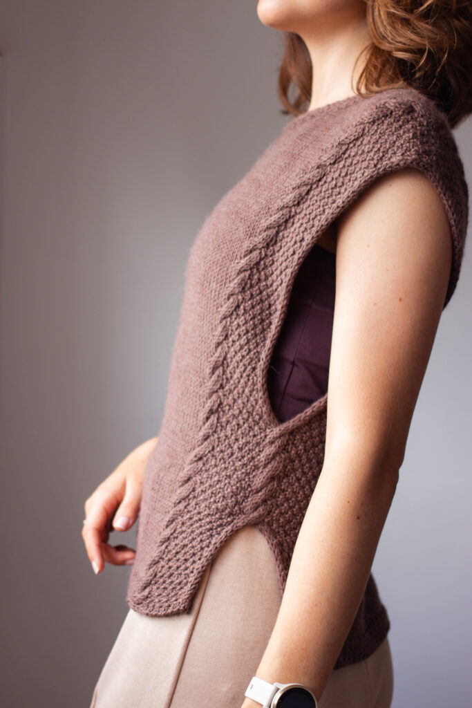 Model wearing brown slipover