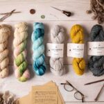 Crafting table top with skeins of organic wool with knitting needles and notes.