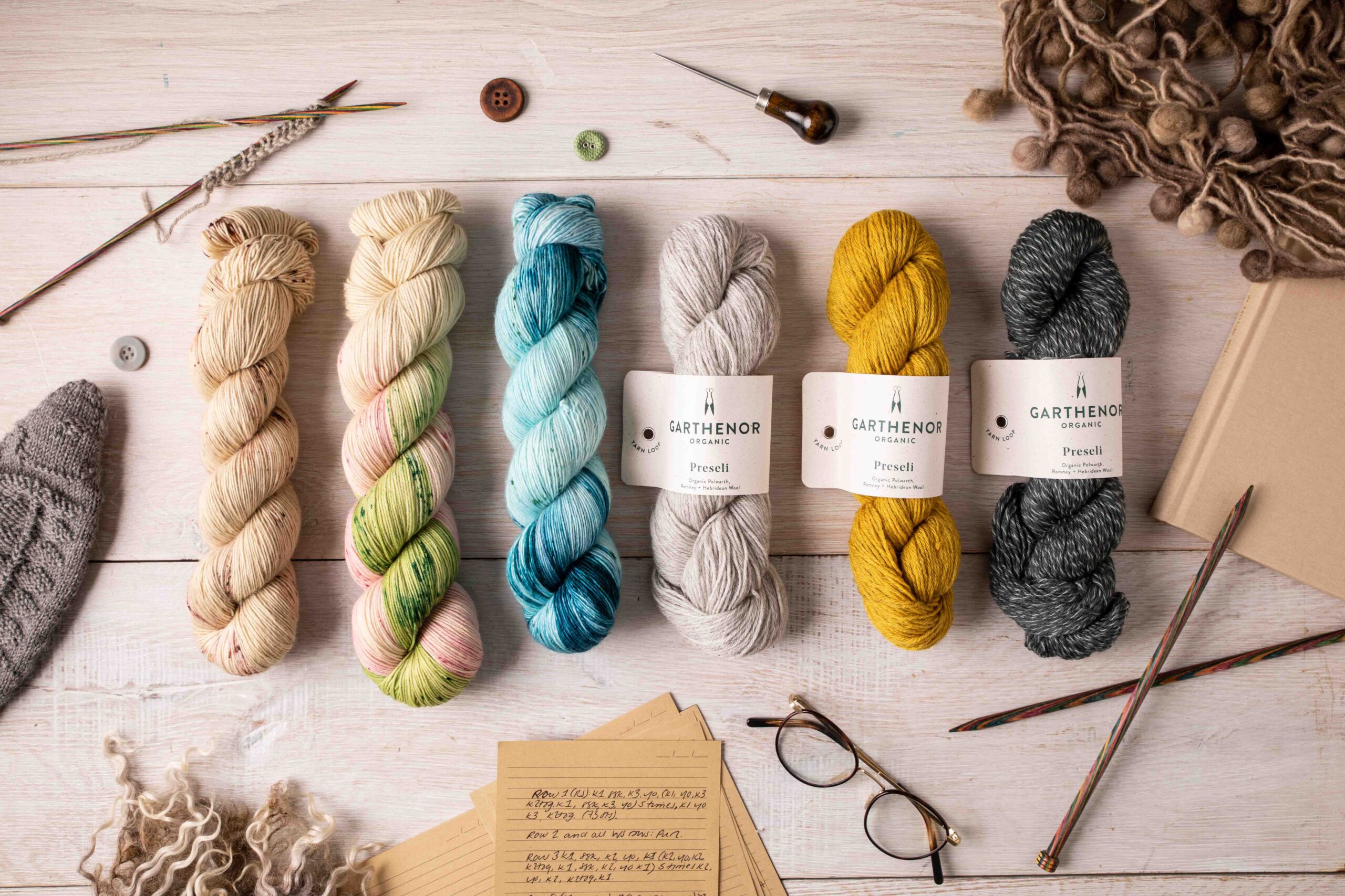 Crafting table top with skeins of organic wool with knitting needles and notes.