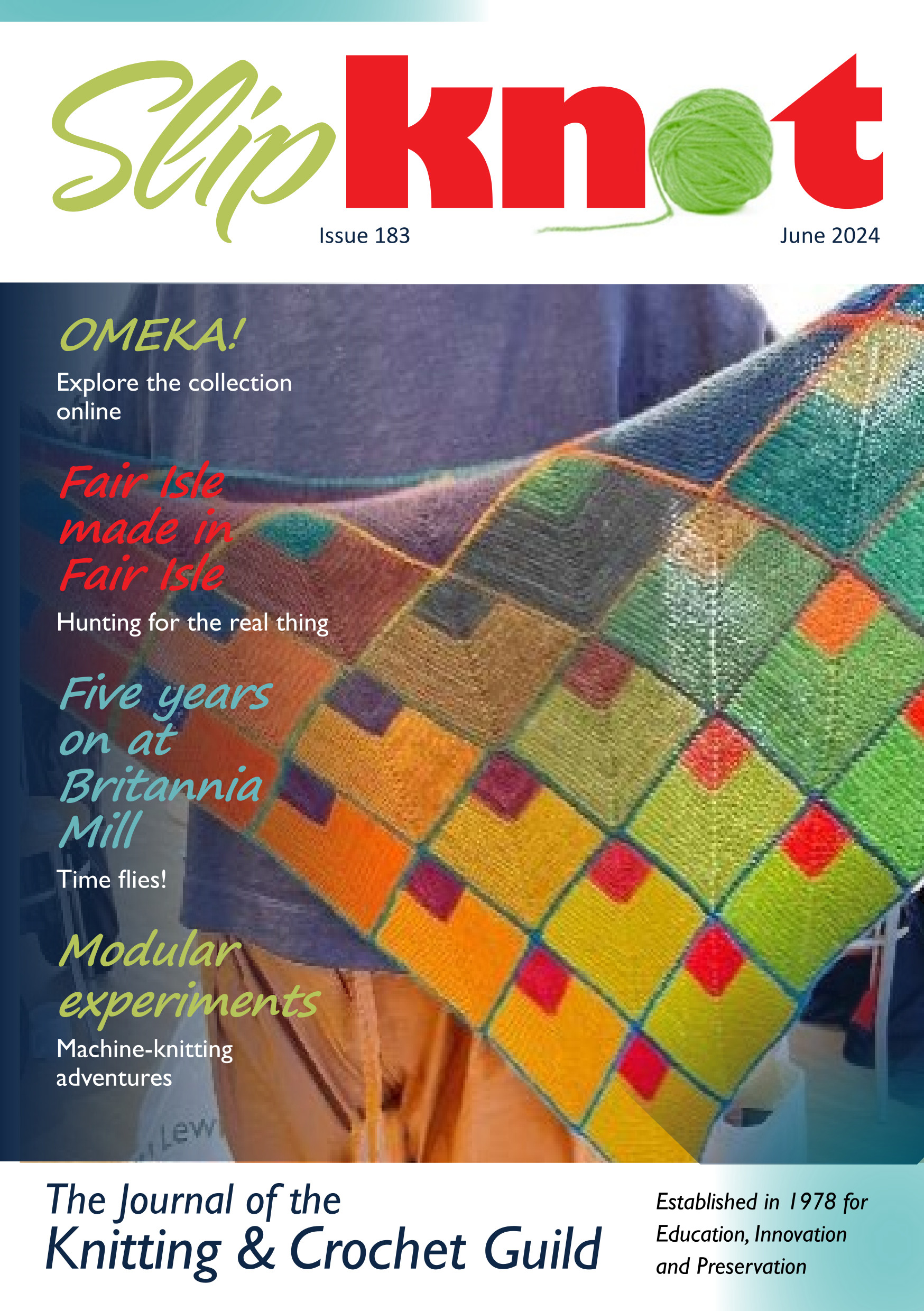 Cover of Slipknot 183 (June 2024) showing a shawl made by a Guld member using Modular Knitting. The design is made using squares (using graduated colours), each with a smaller square inside one corner, separated by thin lines of a single colour.