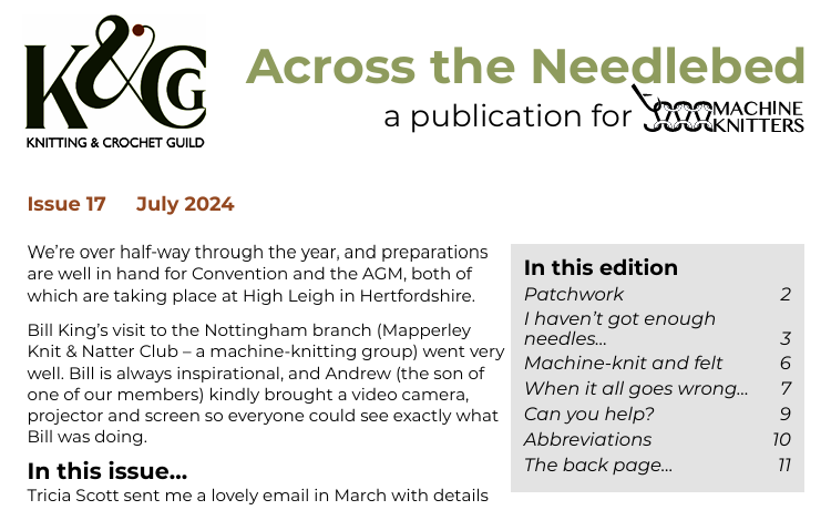 Title and index from first page of Across the Needlebed Issue 17 July 2024.