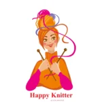 Logo of Happy KNitter sjowing cartoon of lady knitting with ball of wool on her head.