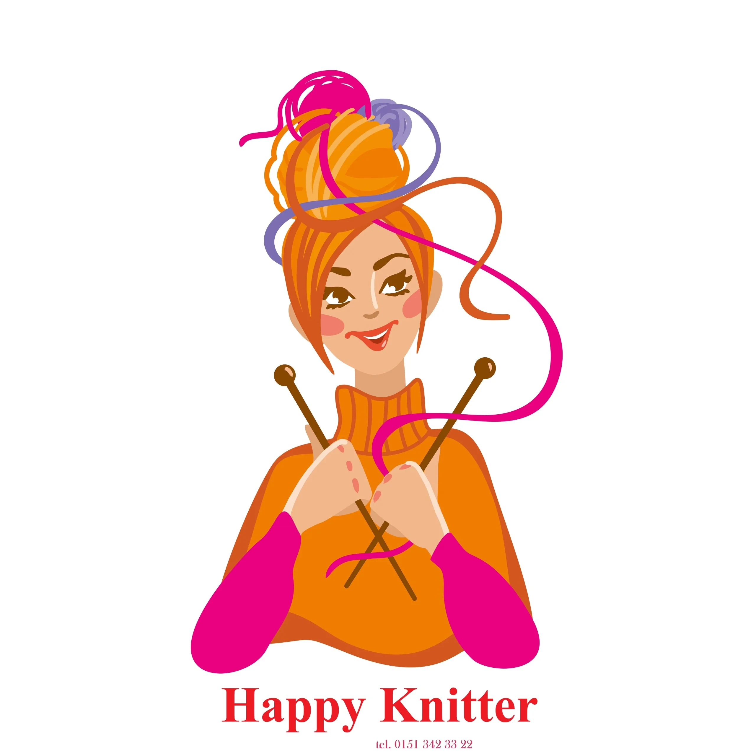 Logo of Happy KNitter sjowing cartoon of lady knitting with ball of wool on her head.