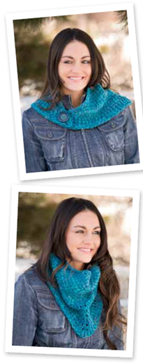 Two photos of a model wearing a Tunisian crochet bandana: one with the fastening at the front, the other with the fastening at the back