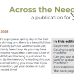 Top of first page of Across the Needlebed Issue 20 with contents list: Beginners' workshop; Getting to grips with a new machine; Can you use double-knitting yarn on a standard gauge machine?