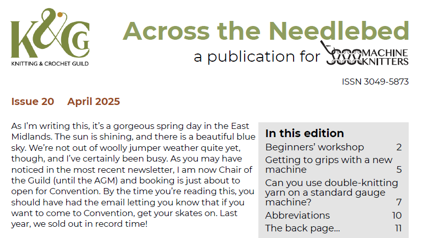 Top of first page of Across the Needlebed Issue 20 with contents list: Beginners' workshop; Getting to grips with a new machine; Can you use double-knitting yarn on a standard gauge machine?