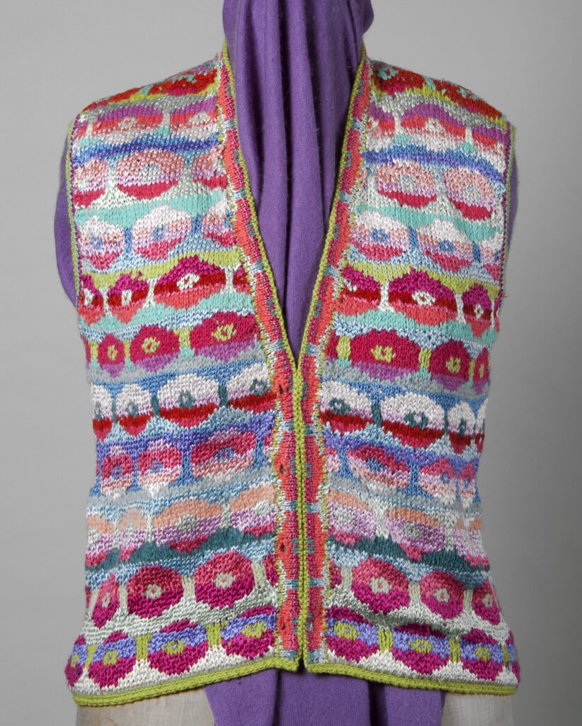 Brightly coloured waistcoat featuring horizontal bands of colour and horizontal lines of circles