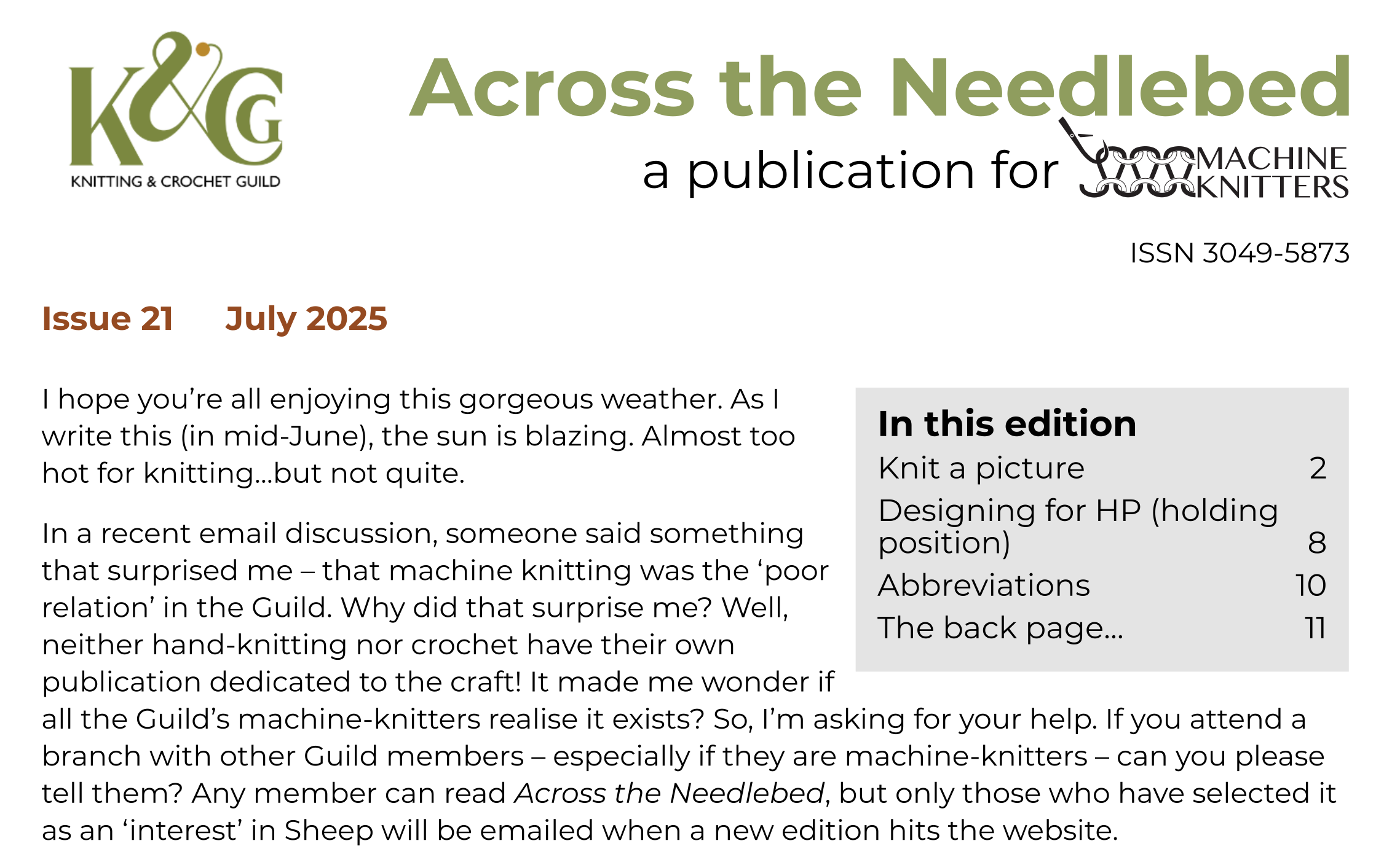 Banner heading of Across the Needlebed Issue 21, July 2025