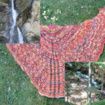 Photo of Steve Foreman's Reichenbach openwork shawl in autumn colours with photographs of the Reichenbach Falls (Switzerland) superimposed.