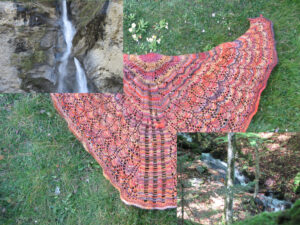 Photo of Steve Foreman's Reichenbach openwork shawl in autumn colours with photographs of the Reichenbach Falls (Switzerland) superimposed.