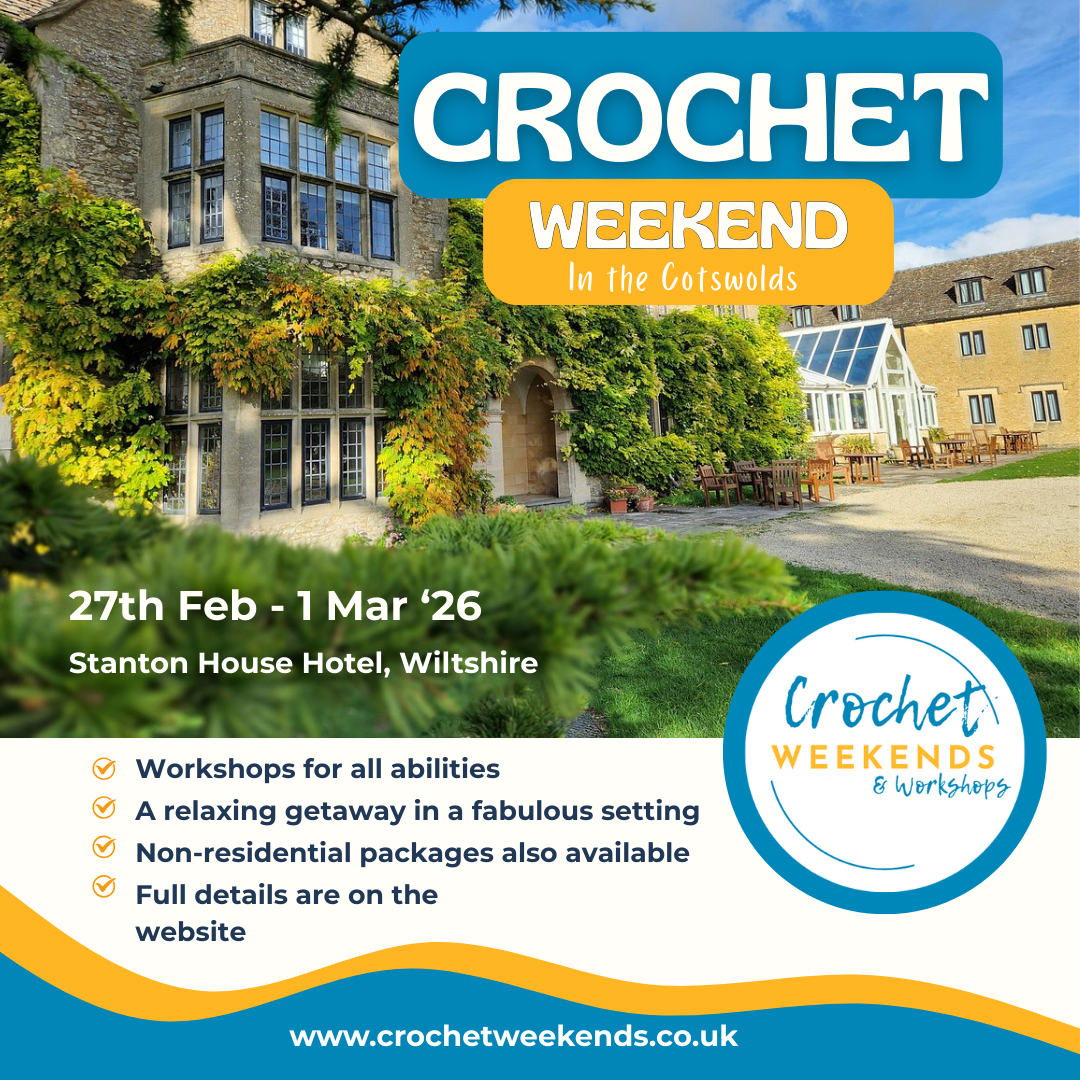 Photo of country house with text describing the crochet weekend,