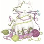 Logo of Knittin Kitten Yards showing a cartoon cat with knitting needles in its mouth with yarn wrapped around it and surrounded by balls of yarn.