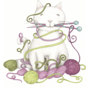 Logo of Knittin Kitten Yards showing a cartoon cat with knitting needles in its mouth with yarn wrapped around it and surrounded by balls of yarn.