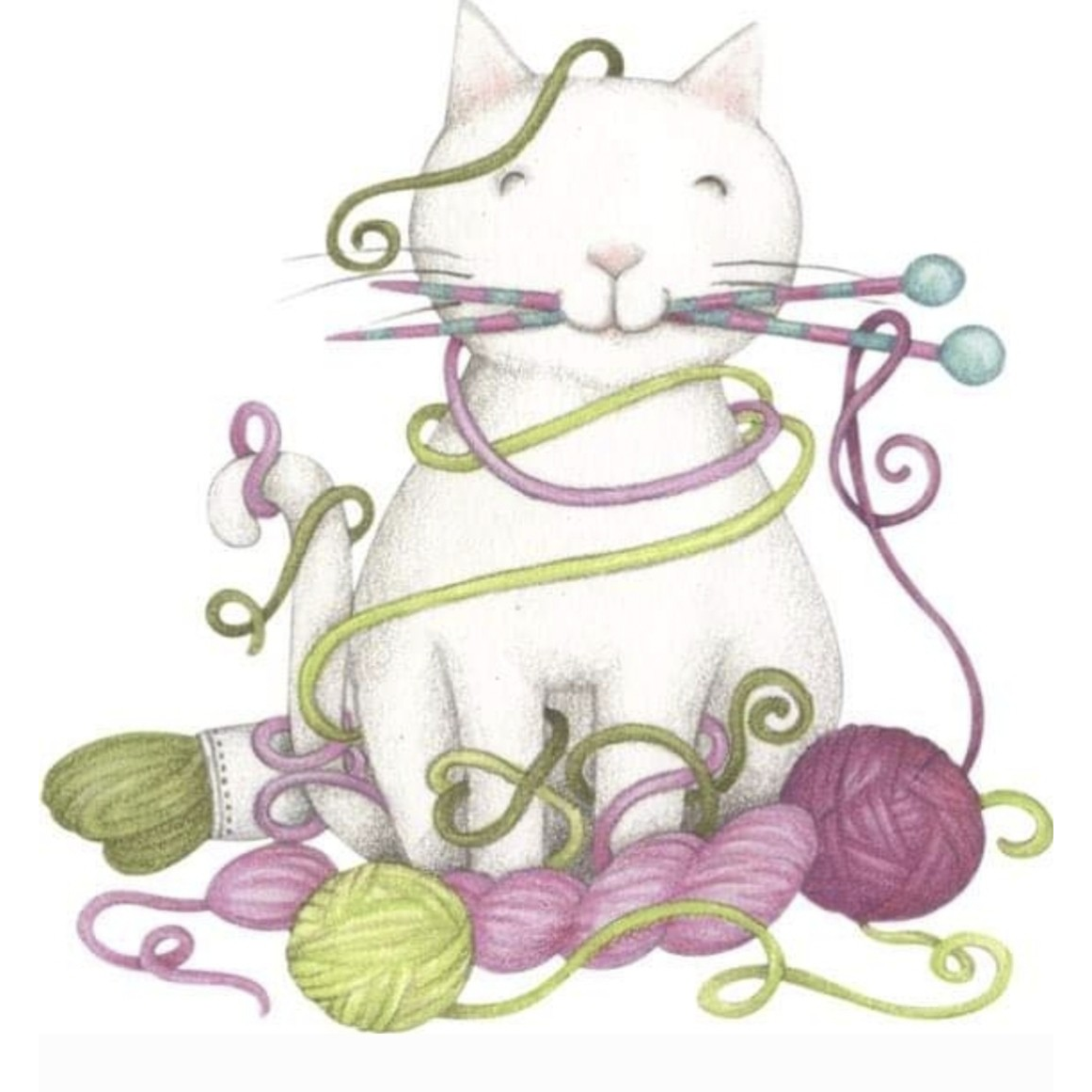 Logo of Knittin Kitten Yards showing a cartoon cat with knitting needles in its mouth with yarn wrapped around it and surrounded by balls of yarn.